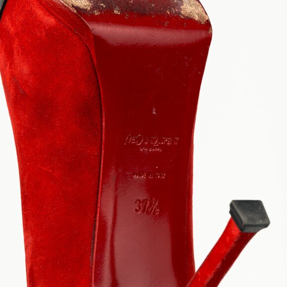 Yves Saint Laurent Tribtoo 80 Platform Poppy Suede & Nero Cap-Toe Pumps - Picture 5 of 9